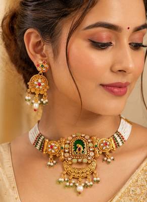 Gold-plated peacock & kundan studded choker jewellery set with earrings 1