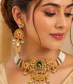 Gold-plated peacock & kundan studded choker jewellery set with earrings