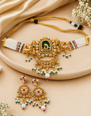 Gold-plated peacock & kundan studded choker jewellery set with earrings 2
