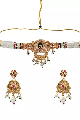 Gold-plated peacock & kundan studded choker jewellery set with earrings
