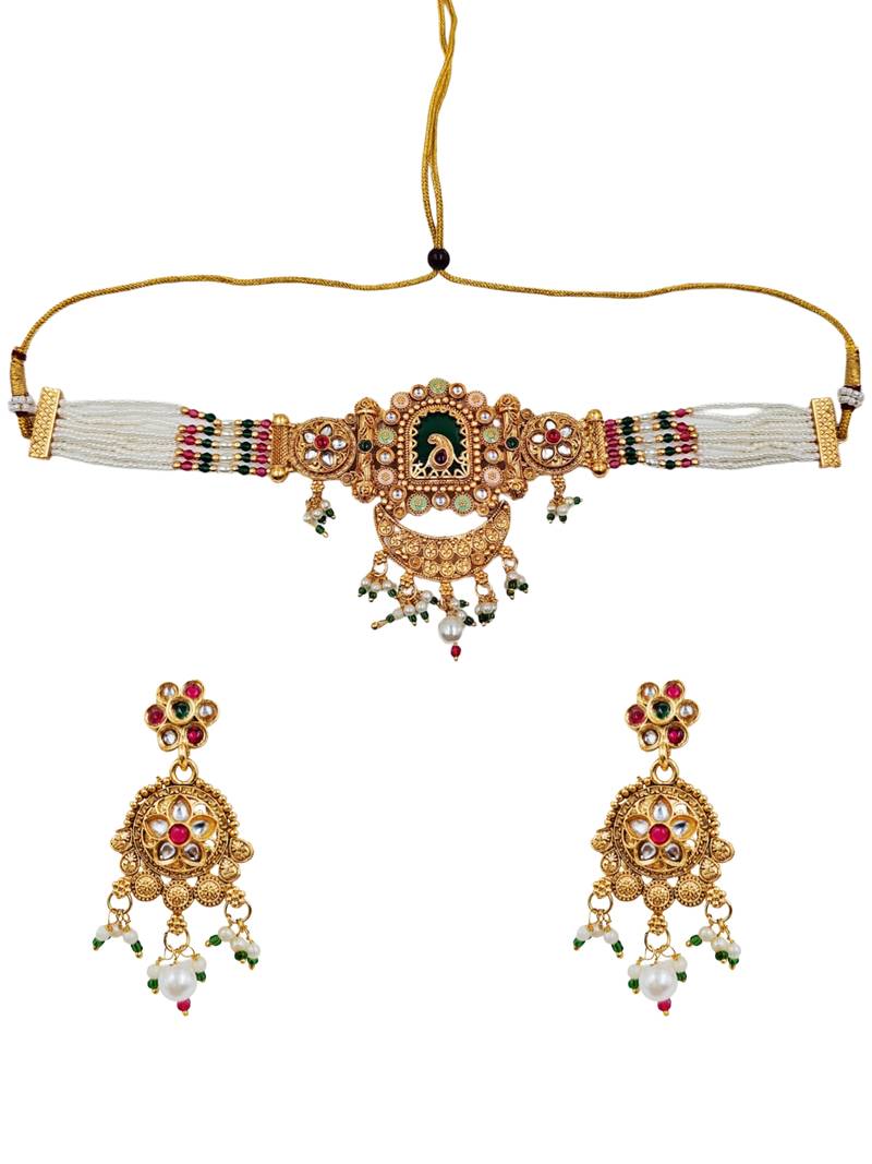 Gold-plated peacock & kundan studded choker jewellery set with earrings