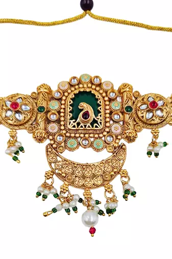 Gold-plated peacock & kundan studded choker jewellery set with earrings