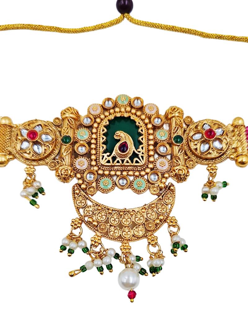Gold-plated peacock & kundan studded choker jewellery set with earrings