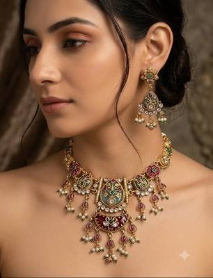 Gold-plated green & ruby enamelled kundan studded choker jewellery set 1