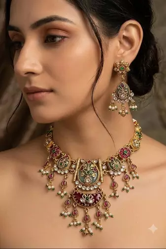 Gold-plated green & ruby enamelled kundan studded choker jewellery set