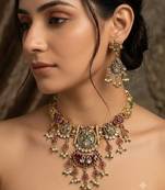 Gold-plated green & ruby enamelled kundan studded choker jewellery set