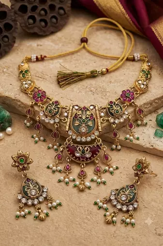 Gold-plated green & ruby enamelled kundan studded choker jewellery set
