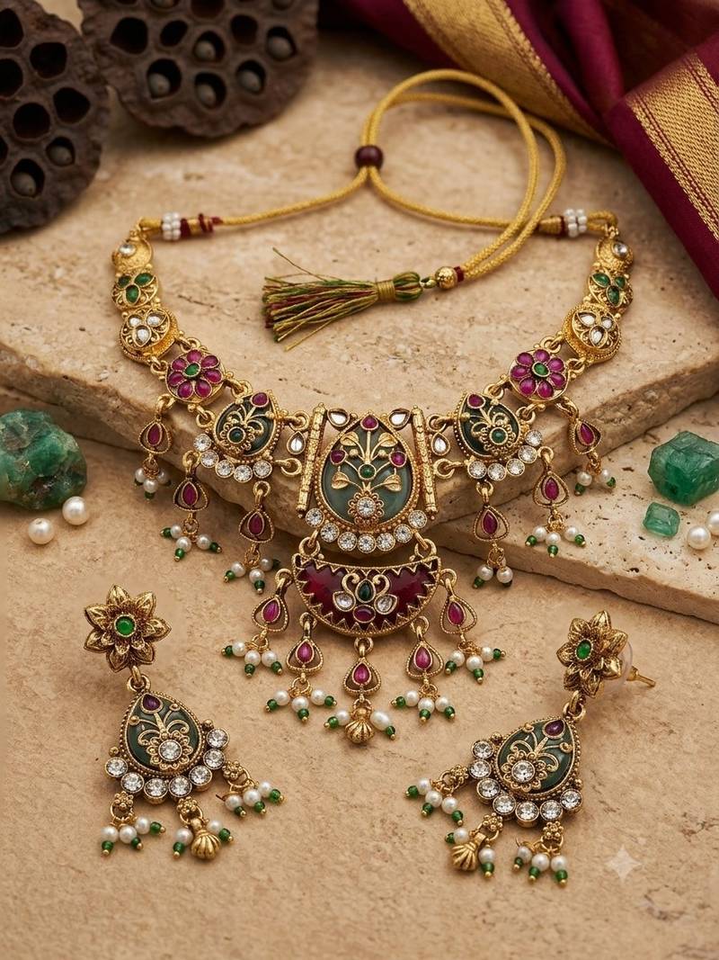 Gold-plated green & ruby enamelled kundan studded choker jewellery set