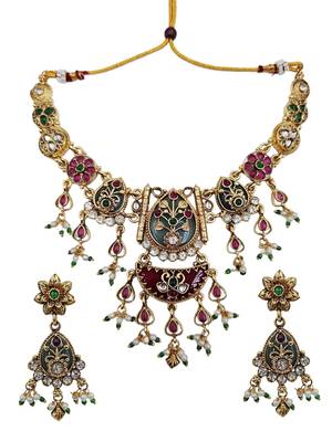 Gold-plated green & ruby enamelled kundan studded choker jewellery set 3