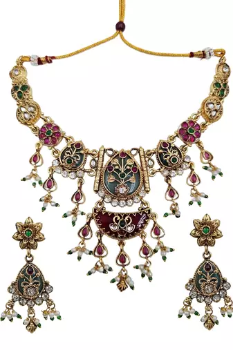 Gold-plated green & ruby enamelled kundan studded choker jewellery set