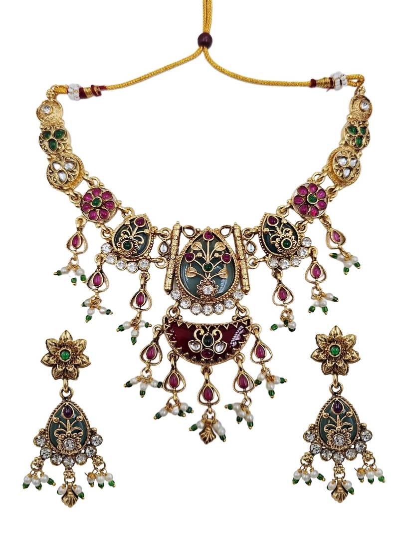 Gold-plated green & ruby enamelled kundan studded choker jewellery set