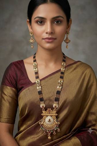 Gold-toned & multi-colored enamel beaded long mangalsutra necklace set with earrings