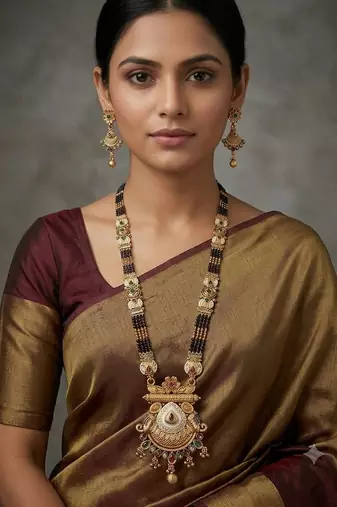 Gold-toned & multi-colored enamel beaded long mangalsutra necklace set with earrings