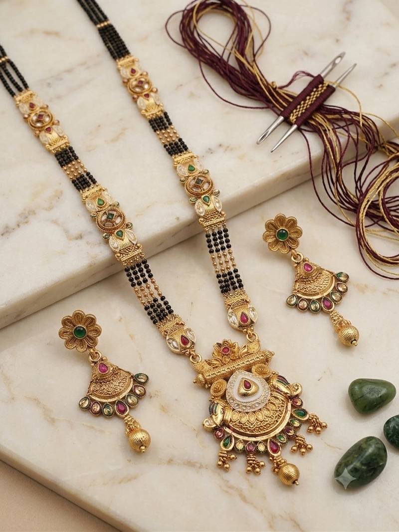 Gold-toned & multi-colored enamel beaded long mangalsutra necklace set with earrings