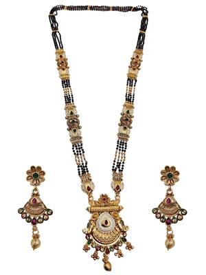 Gold-toned & multi-colored enamel beaded long mangalsutra necklace set with earrings 3