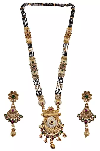 Gold-toned & multi-colored enamel beaded long mangalsutra necklace set with earrings