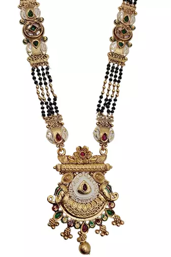 Gold-toned & multi-colored enamel beaded long mangalsutra necklace set with earrings