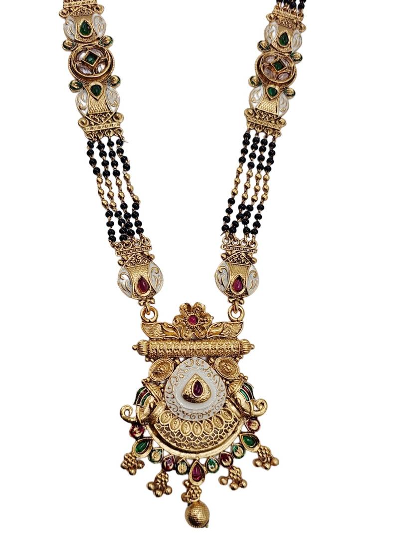 Gold-toned & multi-colored enamel beaded long mangalsutra necklace set with earrings