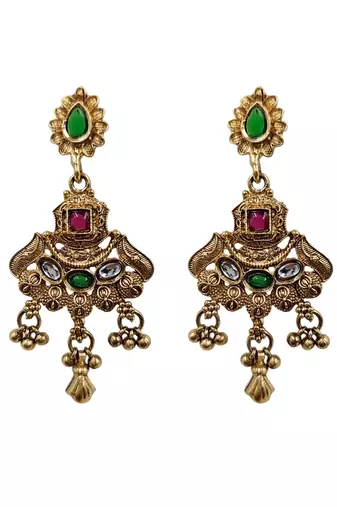 Women gold-toned & green temple antique jewellery set with maang tikka