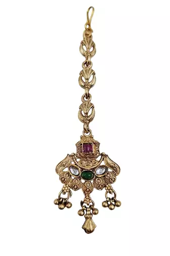 Women gold-toned & green temple antique jewellery set with maang tikka
