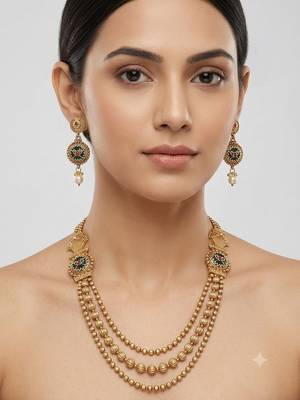 Gold-plated green meenakari & pink kundan-studded multi-strand long necklace set with earrings 1