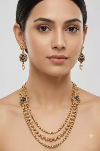 Gold-plated green meenakari & pink kundan-studded multi-strand long necklace set with earrings