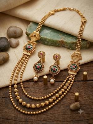 Gold-plated green meenakari & pink kundan-studded multi-strand long necklace set with earrings 2
