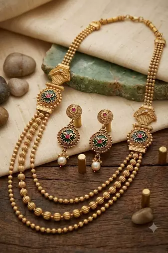 Gold-plated green meenakari & pink kundan-studded multi-strand long necklace set with earrings