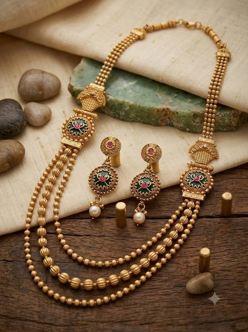 Gold-plated green meenakari & pink kundan-studded multi-strand long necklace set with earrings