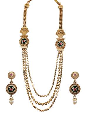 Gold-plated green meenakari & pink kundan-studded multi-strand long necklace set with earrings 3