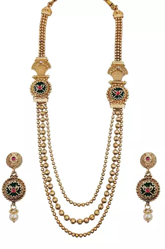 Gold-plated green meenakari & pink kundan-studded multi-strand long necklace set with earrings