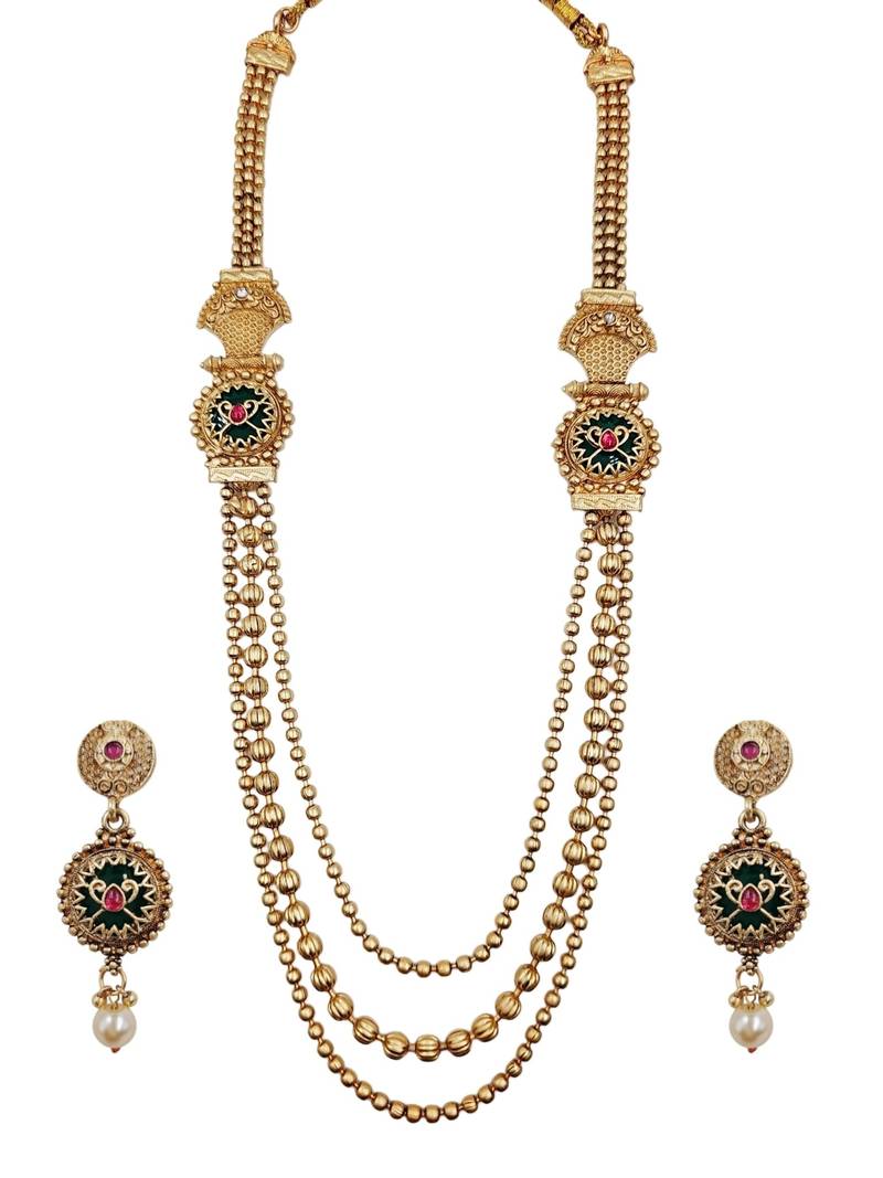 Gold-plated green meenakari & pink kundan-studded multi-strand long necklace set with earrings