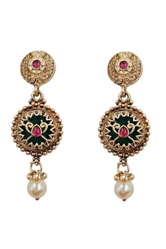 Gold-plated green meenakari & pink kundan-studded multi-strand long necklace set with earrings