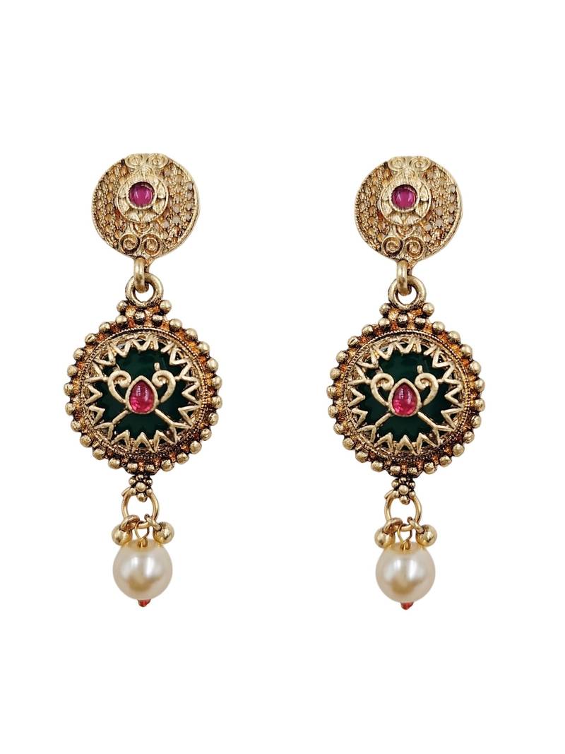 Gold-plated green meenakari & pink kundan-studded multi-strand long necklace set with earrings