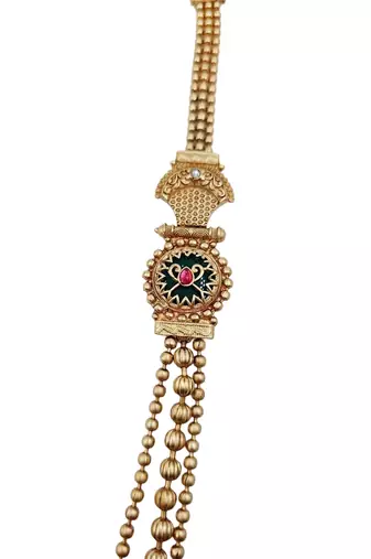 Gold-plated green meenakari & pink kundan-studded multi-strand long necklace set with earrings