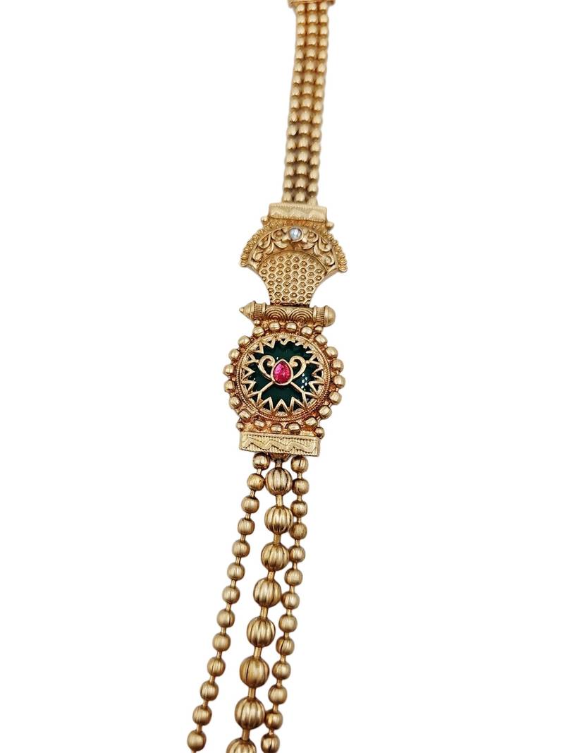 Gold-plated green meenakari & pink kundan-studded multi-strand long necklace set with earrings