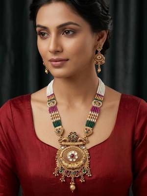 Women antique gold-plated multi-strand beaded rani haar jewellery set with earrings 1