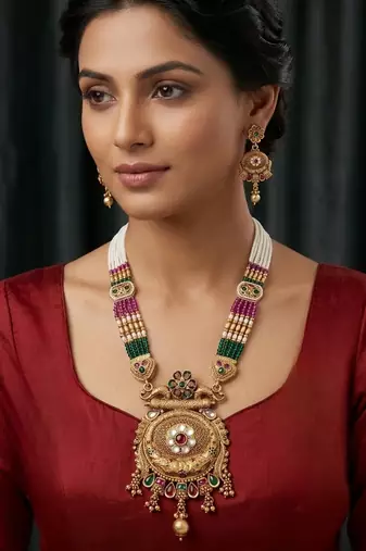Women antique gold-plated multi-strand beaded rani haar jewellery set with earrings