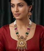 Women antique gold-plated multi-strand beaded rani haar jewellery set with earrings
