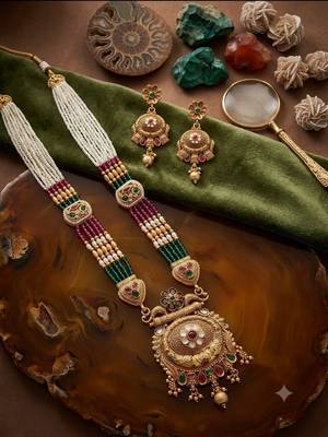 Women antique gold-plated multi-strand beaded rani haar jewellery set with earrings 2