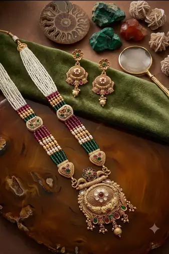 Women antique gold-plated multi-strand beaded rani haar jewellery set with earrings