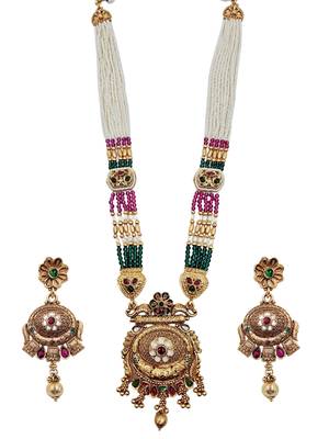 Women antique gold-plated multi-strand beaded rani haar jewellery set with earrings 3