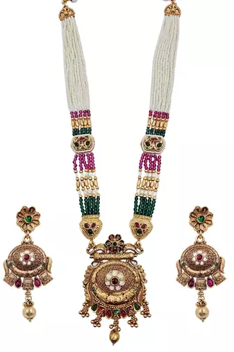 Women antique gold-plated multi-strand beaded rani haar jewellery set with earrings