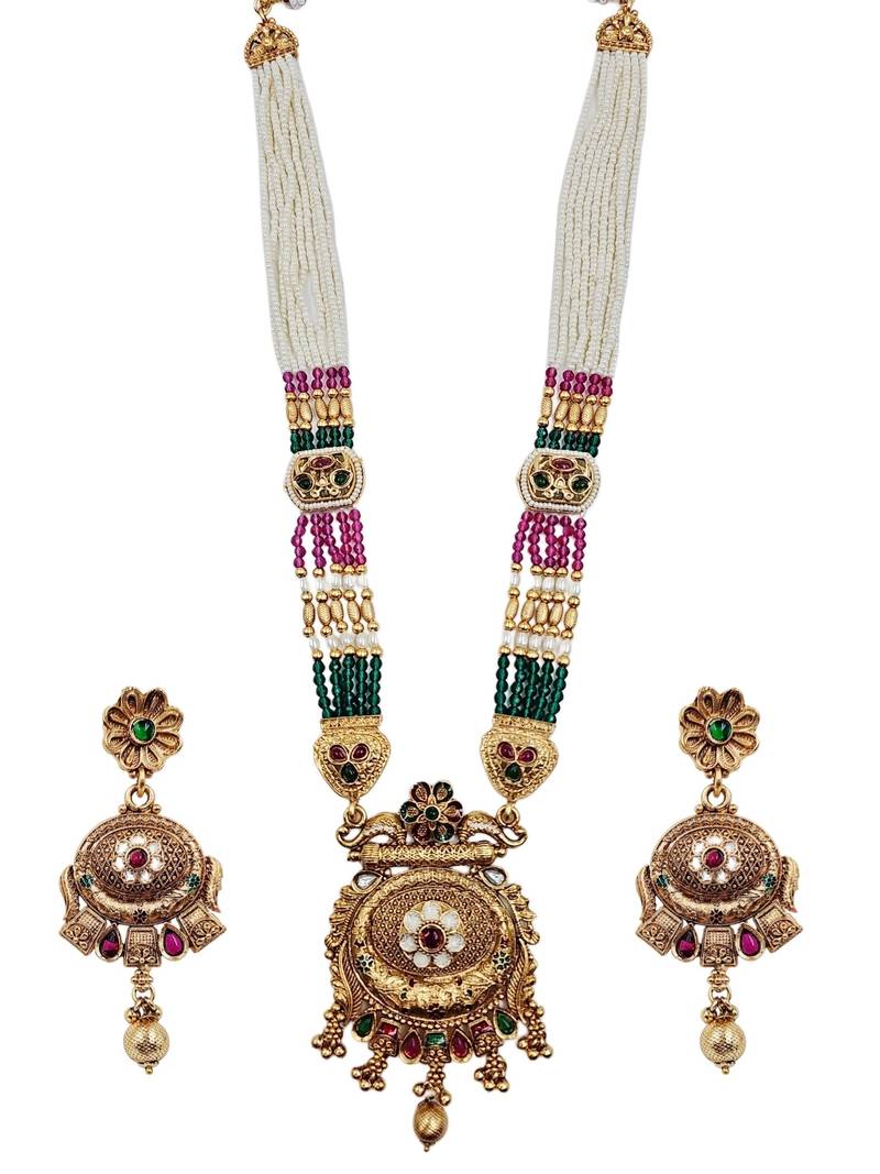 Women antique gold-plated multi-strand beaded rani haar jewellery set with earrings