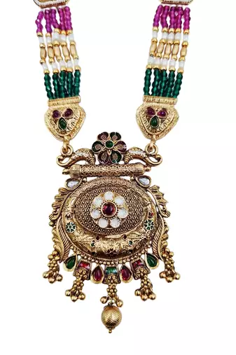 Women antique gold-plated multi-strand beaded rani haar jewellery set with earrings