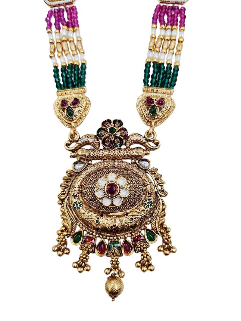 Women antique gold-plated multi-strand beaded rani haar jewellery set with earrings