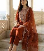 Women Ethnic Motifs Embroidered Regular Thread Work Liva Kurta with Trousers & With Dupatta
