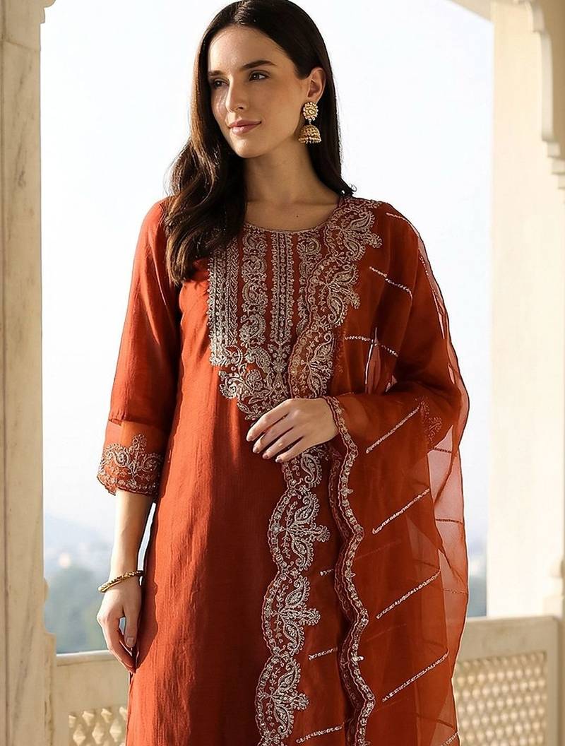 Women Ethnic Motifs Embroidered Regular Thread Work Liva Kurta with Trousers & With Dupatta