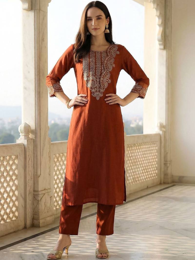 Women Ethnic Motifs Embroidered Regular Thread Work Liva Kurta with Trousers & With Dupatta