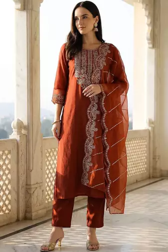 Women Ethnic Motifs Embroidered Regular Thread Work Liva Kurta with Trousers & With Dupatta